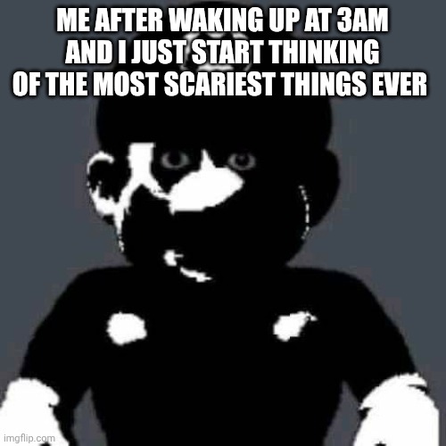 scary mario | ME AFTER WAKING UP AT 3AM AND I JUST START THINKING OF THE MOST SCARIEST THINGS EVER | image tagged in scary mario | made w/ Imgflip meme maker