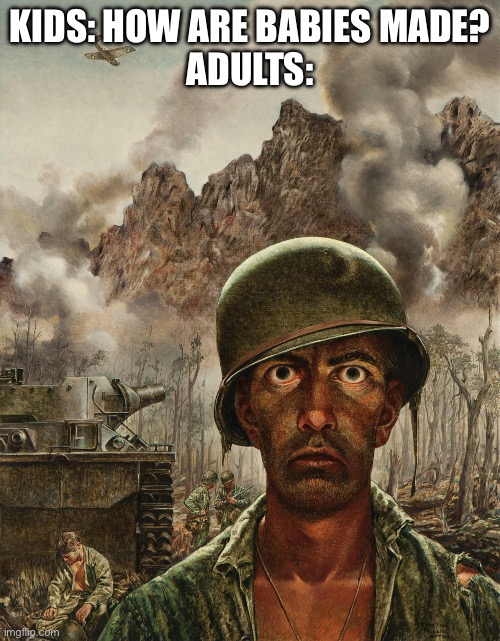 Insert very funny meme title | KIDS: HOW ARE BABIES MADE?
ADULTS: | image tagged in soilder | made w/ Imgflip meme maker
