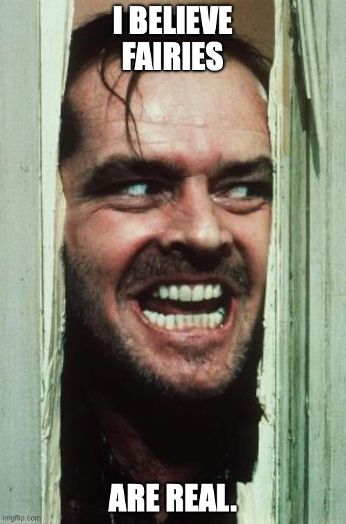 Here's Johnny | I BELIEVE FAIRIES; ARE REAL. | image tagged in memes,here's johnny | made w/ Imgflip meme maker