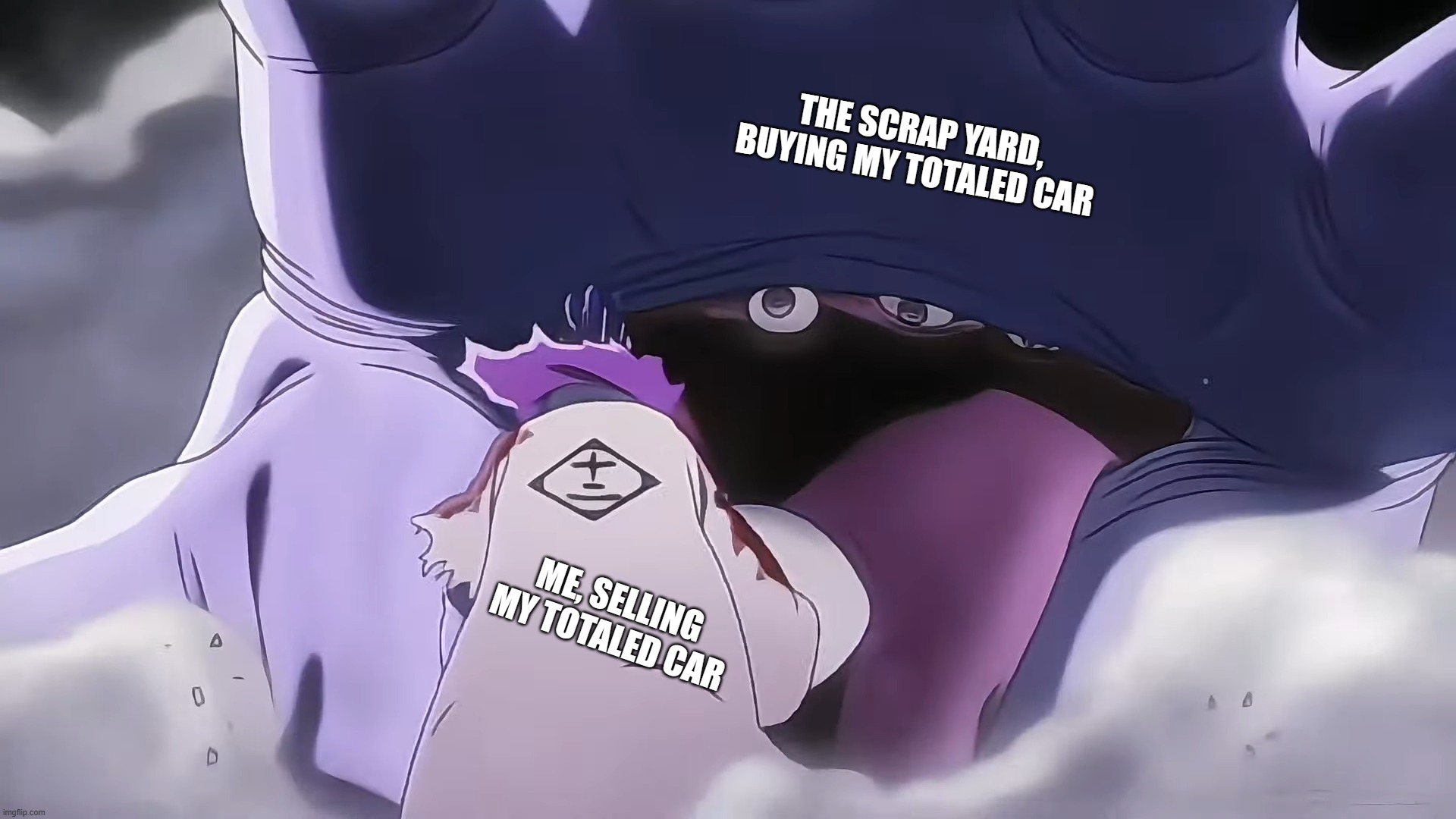 Part 1 | THE SCRAP YARD, BUYING MY TOTALED CAR; ME, SELLING MY TOTALED CAR | image tagged in bleach,car,radio | made w/ Imgflip meme maker