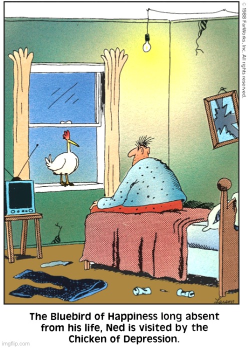 The unexpected visitor… | image tagged in the far side,comics,ned,bluebird of happiness,chicken of depression,unexpected visitor | made w/ Imgflip meme maker