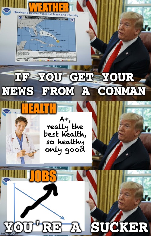 Sharpie guy is lying to you | WEATHER; IF YOU GET YOUR NEWS FROM A CONMAN; A+, really the best health, so healthy only good; HEALTH; JOBS; YOU'RE A SUCKER | image tagged in trump sharpie hurricane map | made w/ Imgflip meme maker