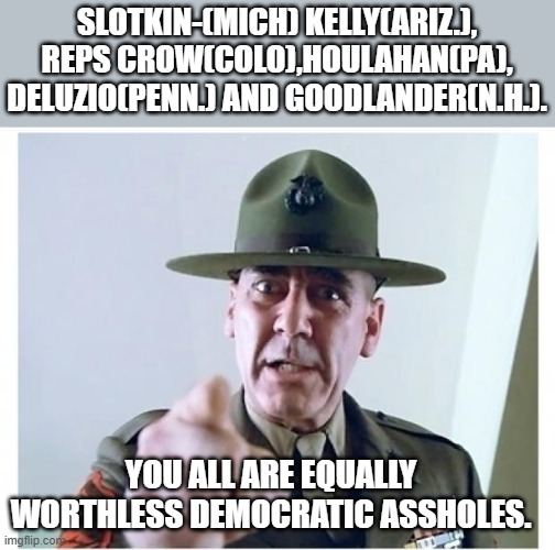 Urging Troops to use Illegal Orders. | SLOTKIN-(MICH) KELLY(ARIZ.), REPS CROW(COLO),HOULAHAN(PA), DELUZIO(PENN.) AND GOODLANDER(N.H.). YOU ALL ARE EQUALLY WORTHLESS DEMOCRATIC ASSHOLES. | image tagged in full metal jacket,democrats,senators,congress | made w/ Imgflip meme maker