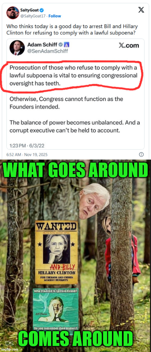 No one is above the law | WHAT GOES AROUND; COMES AROUND | image tagged in time to arrest criminal clintons | made w/ Imgflip meme maker