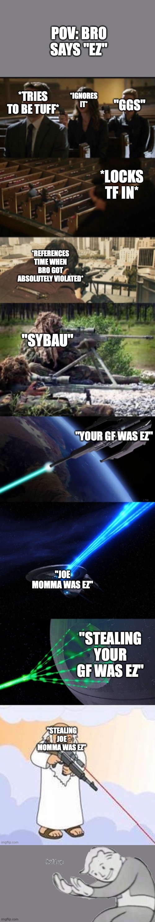 NAHHHHHHHH | POV: BRO SAYS "EZ"; *IGNORES IT*; "GGS"; *TRIES TO BE TUFF*; *LOCKS TF IN*; *REFERENCES TIME WHEN BRO GOT ABSOLUTELY VIOLATED*; "SYBAU"; "YOUR GF WAS EZ"; "JOE MOMMA WAS EZ"; "STEALING YOUR GF WAS EZ"; "STEALING JOE MOMMA WAS EZ" | image tagged in assassination chain with too many assassins | made w/ Imgflip meme maker