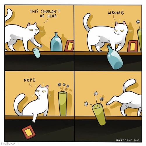 Cats love to redecorate their homes… | image tagged in cats,comics,redecorating,knocking stuff off shelves | made w/ Imgflip meme maker