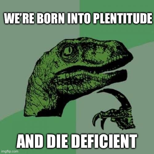 Philosoraptor | WE’RE BORN INTO PLENTITUDE; AND DIE DEFICIENT | image tagged in memes,philosoraptor | made w/ Imgflip meme maker