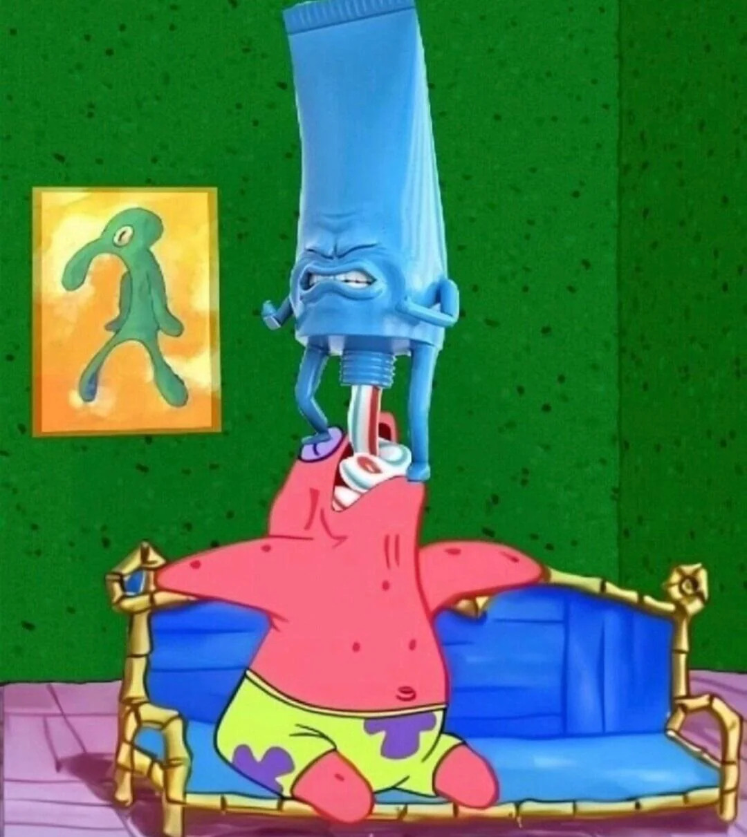 Toothpaste shitting in Patrick's mouth Blank Meme Template