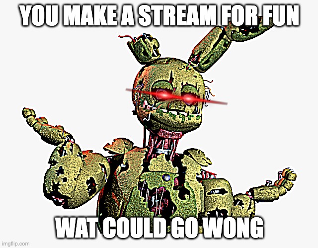 derpy springtrap | YOU MAKE A STREAM FOR FUN; WAT COULD GO WONG | image tagged in derpy springtrap | made w/ Imgflip meme maker