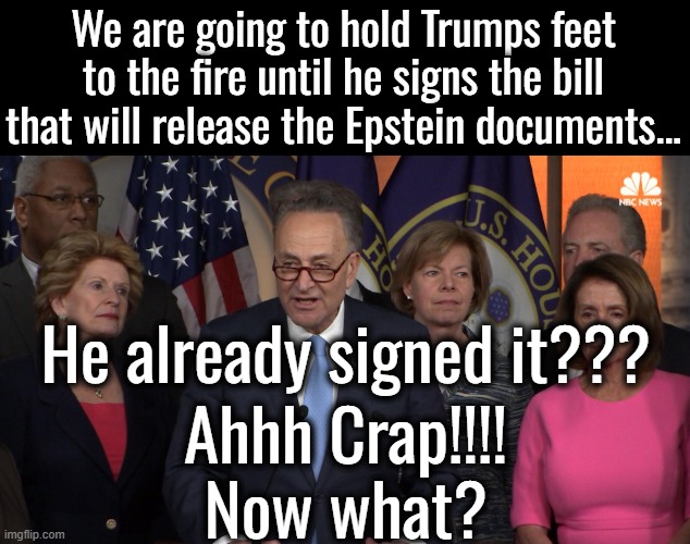 It must suck when you try to push the narrative the Trump was reluctant to sign the bill and then Trump signs the bill. | We are going to hold Trumps feet to the fire until he signs the bill that will release the Epstein documents... He already signed it??? Ahhh Crap!!!! Now what? | image tagged in trying to pin a narrative,dems have more to worry about than trump | made w/ Imgflip meme maker