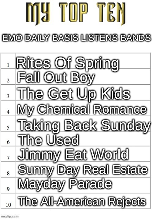 Top ten list better | EMO DAILY BASIS LISTENS BANDS; Rites Of Spring; Fall Out Boy; The Get Up Kids; My Chemical Romance; Taking Back Sunday; The Used; Jimmy Eat World; Sunny Day Real Estate; Mayday Parade; The All-American Rejects | image tagged in top ten list better | made w/ Imgflip meme maker