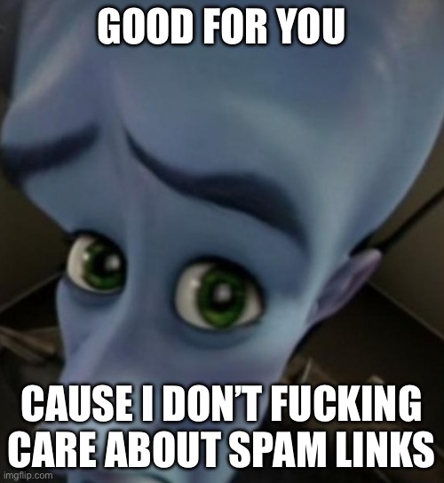 Megamind no bitches | GOOD FOR YOU CAUSE I DON’T FUCKING CARE ABOUT SPAM LINKS | image tagged in megamind no bitches | made w/ Imgflip meme maker