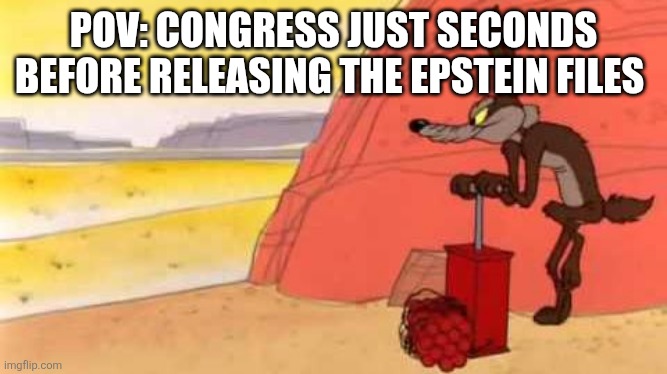 They're Finally going to get Trump! | POV: CONGRESS JUST SECONDS BEFORE RELEASING THE EPSTEIN FILES | image tagged in wile e coyote dynamite | made w/ Imgflip meme maker