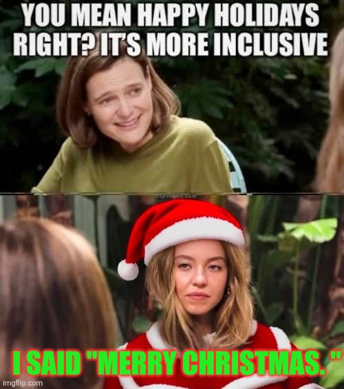 Sydney Sweeney wished her a Merry Christmas | I SAID "MERRY CHRISTMAS. " | image tagged in sydney sweeney merry christmas,happy,happy holidays | made w/ Imgflip meme maker