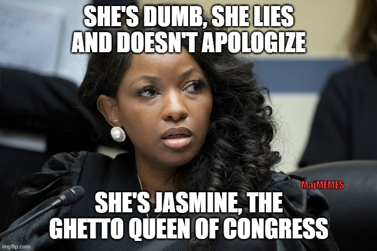 jasmine the ghetto queen | SHE'S DUMB, SHE LIES AND DOESN'T APOLOGIZE; MajMEMES; SHE'S JASMINE, THE GHETTO QUEEN OF CONGRESS | image tagged in jasmine crockett,ghetto,dumocrat | made w/ Imgflip meme maker