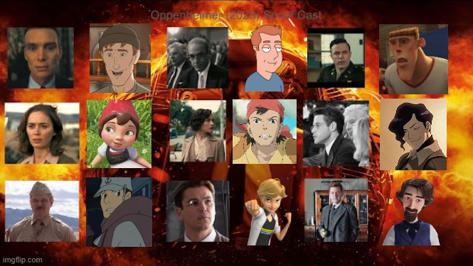 Credit to Mico the Ninjago Fan 2024 for this used | image tagged in meme,memes,spoof cast,oppenheimer,characters,roles | made w/ Imgflip meme maker