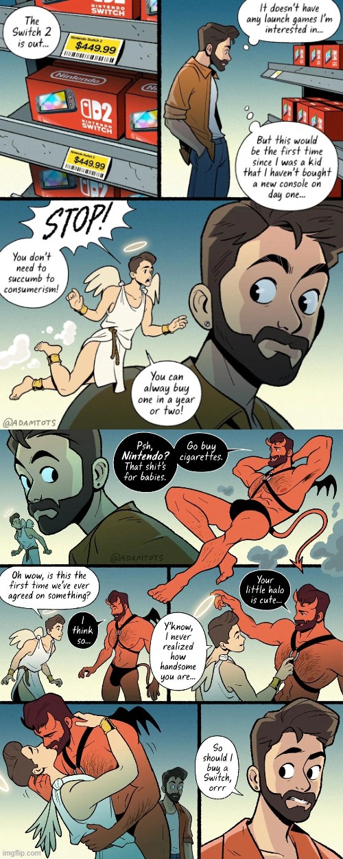 image tagged in nintendo switch 2,angel,devil,kiss,kissing,hold up | made w/ Imgflip meme maker