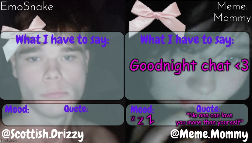 EmoSnake & Meme.Mommy shared temp ;p | Goodnight chat <3; "No one can love you more than yourself"; ᶻ 𝗓 𐰁 | image tagged in emosnake meme mommy shared temp p | made w/ Imgflip meme maker