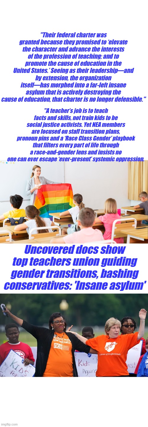 "Their federal charter was granted because they promised to ‘elevate the character and advance the interests of the profession of teaching; and to promote the cause of education in the United States.’ Seeing as their leadership—and by extension, the organization itself—has morphed into a far-left insane asylum that is actively destroying the cause of education, that charter is no longer defensible."; "A teacher’s job is to teach facts and skills, not train kids to be social justice activists. Yet NEA members are focused on staff transition plans, pronoun pins and a ‘Race Class Gender’ playbook that filters every part of life through a race-and-gender lens and insists no one can ever escape ‘ever-present’ systemic oppression. Uncovered docs show top teachers union guiding gender transitions, bashing conservatives: 'Insane asylum' | made w/ Imgflip meme maker