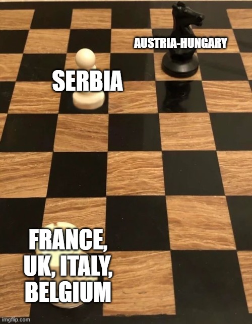 WW1 summarized in 1 image | AUSTRIA-HUNGARY; SERBIA; FRANCE, UK, ITALY, BELGIUM | image tagged in chess knight pawn rook,ww1,world war 1,chess | made w/ Imgflip meme maker