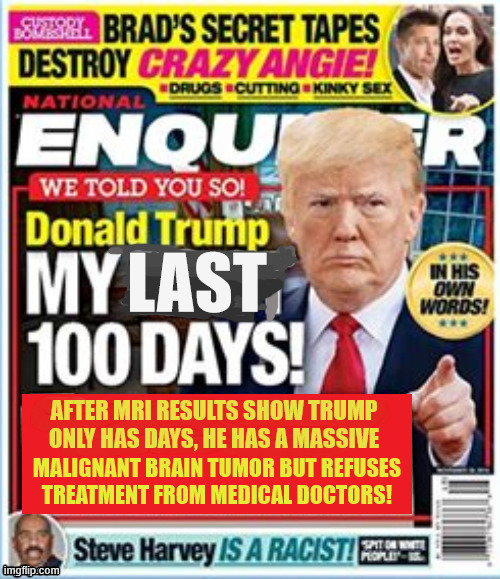 National Enquirer Trump's last 100 days | AFTER MRI RESULTS SHOW TRUMP ONLY HAS DAYS, HE HAS A MASSIVE | image tagged in national enquirer trump's last 100 days,resign before impeached,noxonlike,nixonesh,maga memoriol | made w/ Imgflip meme maker