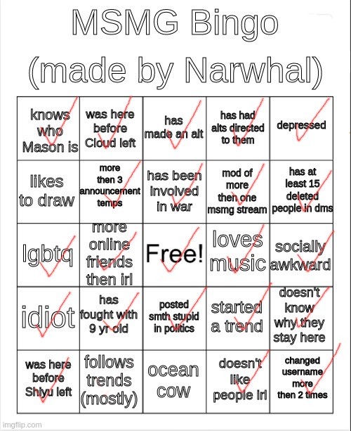 msmg bingo | image tagged in msmg bingo | made w/ Imgflip meme maker