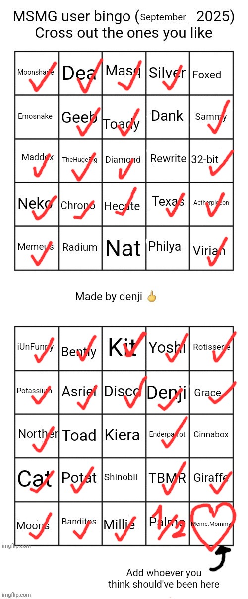 MSMG user bingo (September 2025) cross the one you like | Meme.Mommy | image tagged in msmg user bingo september 2025 cross the one you like | made w/ Imgflip meme maker