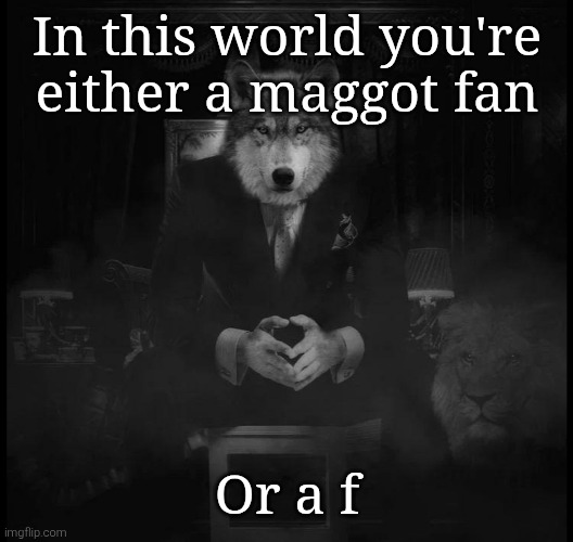 Wolf on a chair | In this world you're either a maggot fan; Or a f | image tagged in wolf on a chair | made w/ Imgflip meme maker