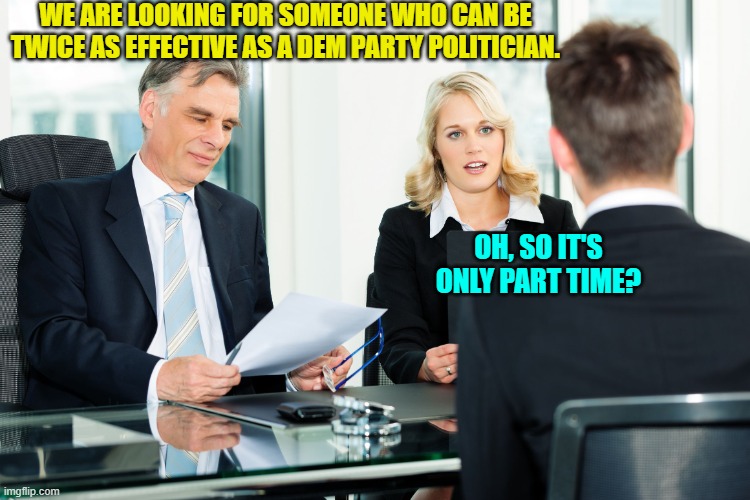 The truth hurts. | WE ARE LOOKING FOR SOMEONE WHO CAN BE TWICE AS EFFECTIVE AS A DEM PARTY POLITICIAN. OH, SO IT'S ONLY PART TIME? | image tagged in job interview | made w/ Imgflip meme maker