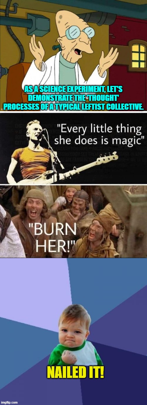 Follow the Science. | AS A SCIENCE EXPERIMENT, LET'S DEMONSTRATE THE 'THOUGHT' PROCESSES OF A TYPICAL LEFTIST COLLECTIVE. NAILED IT! | image tagged in yep | made w/ Imgflip meme maker