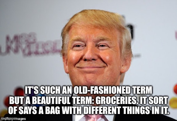 Donald trump approves | IT'S SUCH AN OLD-FASHIONED TERM BUT A BEAUTIFUL TERM: GROCERIES. IT SORT OF SAYS A BAG WITH DIFFERENT THINGS IN IT. | image tagged in donald trump approves | made w/ Imgflip meme maker