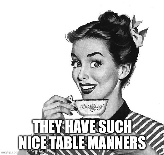 Retro woman teacup | THEY HAVE SUCH NICE TABLE MANNERS | image tagged in retro woman teacup | made w/ Imgflip meme maker