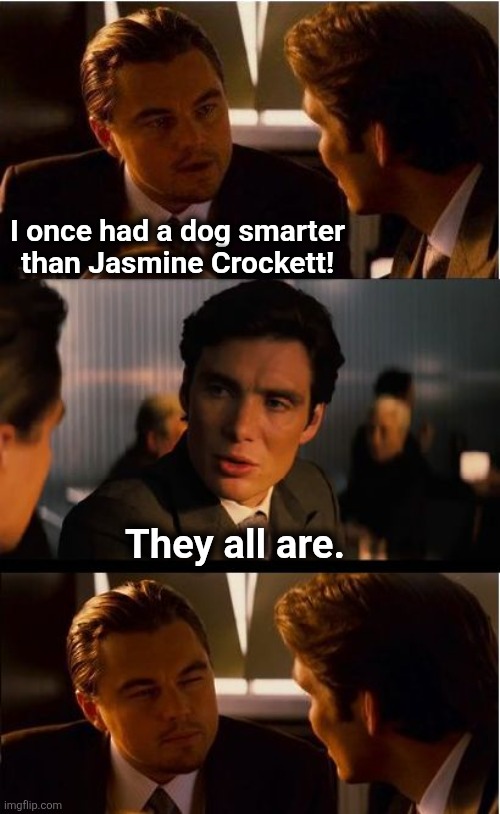 True story | I once had a dog smarter
than Jasmine Crockett! They all are. | image tagged in memes,inception,jasmine crockett,dogs,democrats,idiot | made w/ Imgflip meme maker
