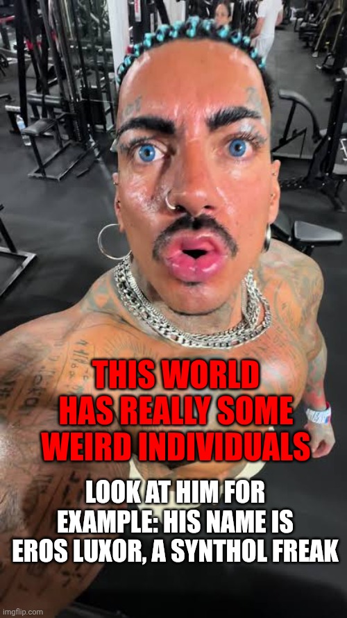 THIS WORLD HAS REALLY SOME WEIRD INDIVIDUALS LOOK AT HIM FOR EXAMPLE: HIS NAME IS EROS LUXOR, A SYNTHOL FREAK | made w/ Imgflip meme maker