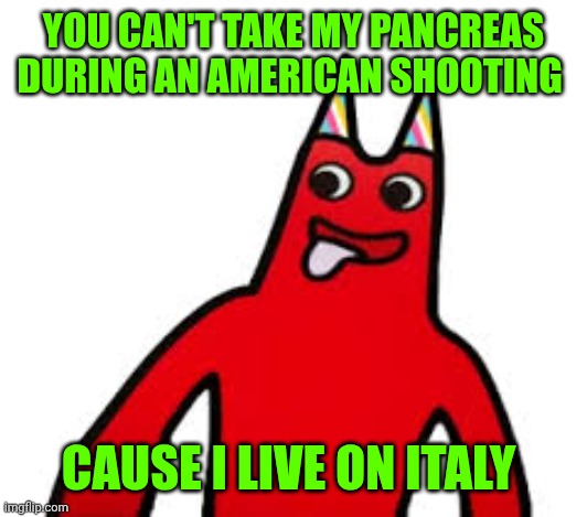 Banban wants your pancreas | YOU CAN'T TAKE MY PANCREAS DURING AN AMERICAN SHOOTING CAUSE I LIVE ON ITALY | image tagged in banban wants your pancreas | made w/ Imgflip meme maker