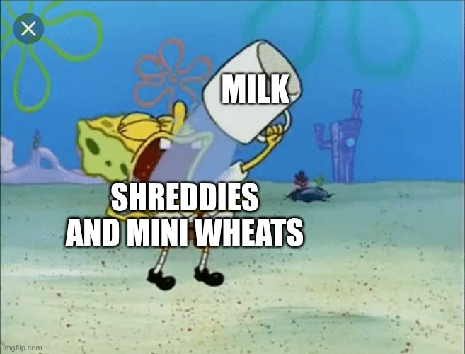 this is so real | MILK; SHREDDIES AND MINI WHEATS | image tagged in spongebob drinking water | made w/ Imgflip meme maker