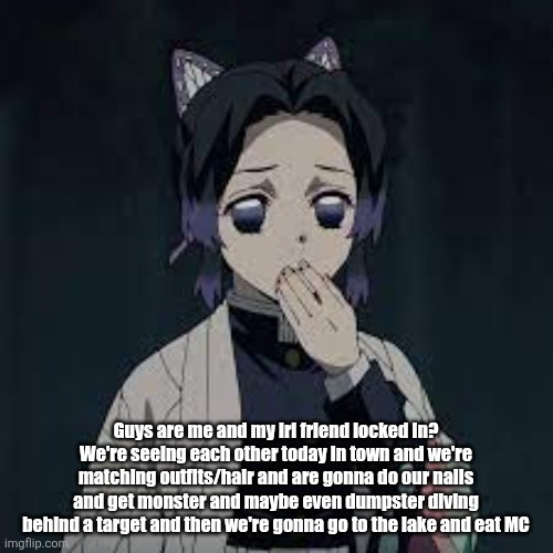 wait u have a point | Guys are me and my irl friend locked in? We're seeing each other today in town and we're matching outfits/hair and are gonna do our nails and get monster and maybe even dumpster diving behind a target and then we're gonna go to the lake and eat MC | image tagged in wait u have a point | made w/ Imgflip meme maker