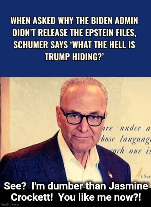 Democrats vying for the title of "Most Stupid Member of Congress" | See?  I'm dumber than Jasmine
Crockett!  You like me now?! | image tagged in memes,chuck schumer,jasmine crockett,democrats,idiots,trump derangement syndrome | made w/ Imgflip meme maker