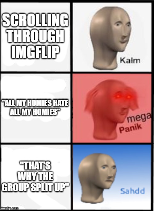 SCROLLING THROUGH IMGFLIP "ALL MY HOMIES HATE
ALL MY HOMIES" "THAT'S WHY THE GROUP SPLIT UP" | image tagged in kalm panic sahdd | made w/ Imgflip meme maker