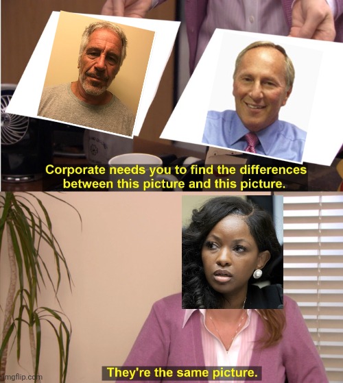 The two Jeffrey Epsteins | image tagged in memes,they're the same picture,jasmine crockett,democrats,idiot,jeffrey epstein | made w/ Imgflip meme maker