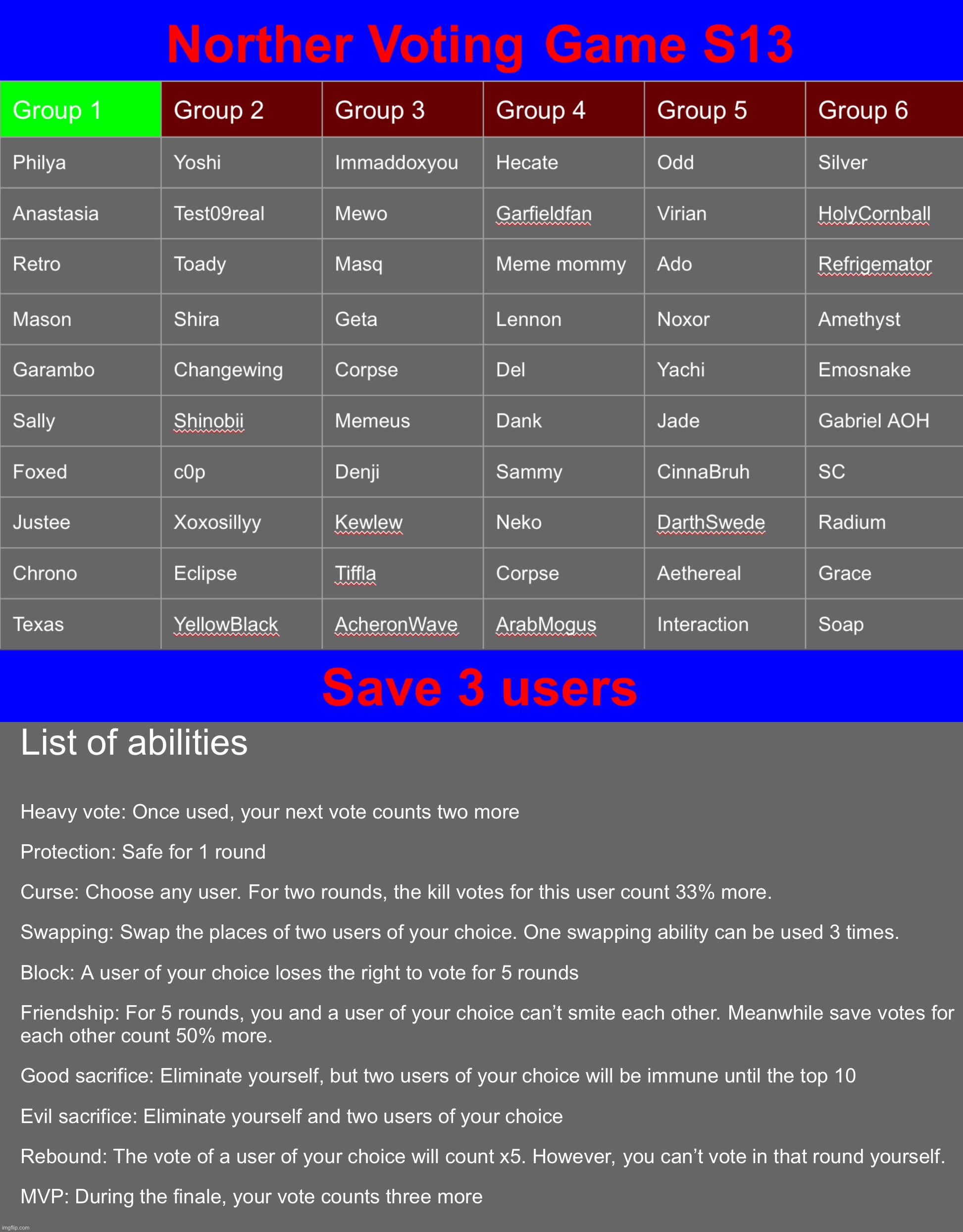 Aaand we‘re starting. Save 3 | image tagged in voting game s13 | made w/ Imgflip meme maker