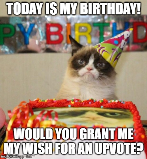 Today is my birthday today! | TODAY IS MY BIRTHDAY! WOULD YOU GRANT ME MY WISH FOR AN UPVOTE? | image tagged in memes,grumpy cat birthday,grumpy cat,birthday,wish,upvote | made w/ Imgflip meme maker