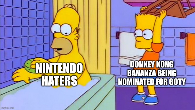 I don’t think DK Bananza will win but it does deserve to be nominated at least | DONKEY KONG BANANZA BEING NOMINATED FOR GOTY; NINTENDO HATERS | image tagged in bart hitting homer with a chair,nintendo,donkey kong,memes,gaming | made w/ Imgflip meme maker
