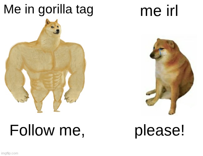 Buff Doge vs. Cheems | Me in gorilla tag; me irl; Follow me, please! | image tagged in memes,buff doge vs cheems | made w/ Imgflip meme maker