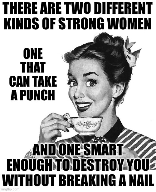 Strong Women | THERE ARE TWO DIFFERENT KINDS OF STRONG WOMEN; ONE THAT CAN TAKE A PUNCH; AND ONE SMART ENOUGH TO DESTROY YOU WITHOUT BREAKING A NAIL | image tagged in retro woman teacup,strong women,strong woman,women,intelligent women,memes | made w/ Imgflip meme maker