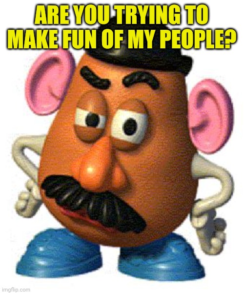 Mr Potato Head | ARE YOU TRYING TO MAKE FUN OF MY PEOPLE? | image tagged in mr potato head | made w/ Imgflip meme maker