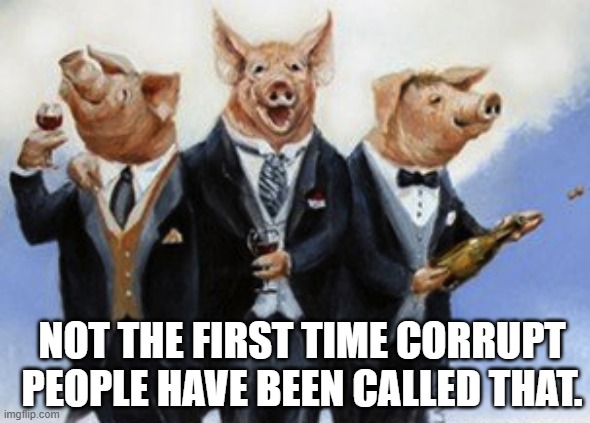 NOT THE FIRST TIME CORRUPT PEOPLE HAVE BEEN CALLED THAT. | image tagged in pigs in suits | made w/ Imgflip meme maker