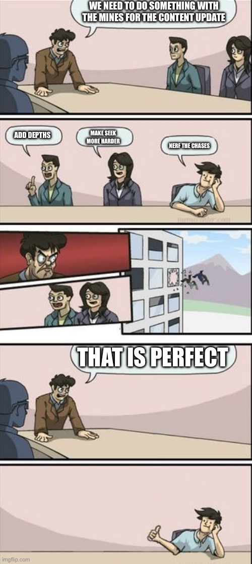 The content update | WE NEED TO DO SOMETHING WITH THE MINES FOR THE CONTENT UPDATE; ADD DEPTHS; MAKE SEEK MORE HARDER; NERF THE CHASES; THAT IS PERFECT | image tagged in boardroom meeting sugg 2,doors,roblox doors,update | made w/ Imgflip meme maker
