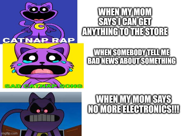 My Fellings | WHEN MY MOM SAYS I CAN GET ANYTHING TO THE STORE; WHEN SOMEBODY TELL ME BAD NEWS ABOUT SOMETHING; WHEN MY MOM SAYS NO MORE ELECTRONICS!!! | image tagged in poppy playtime | made w/ Imgflip meme maker