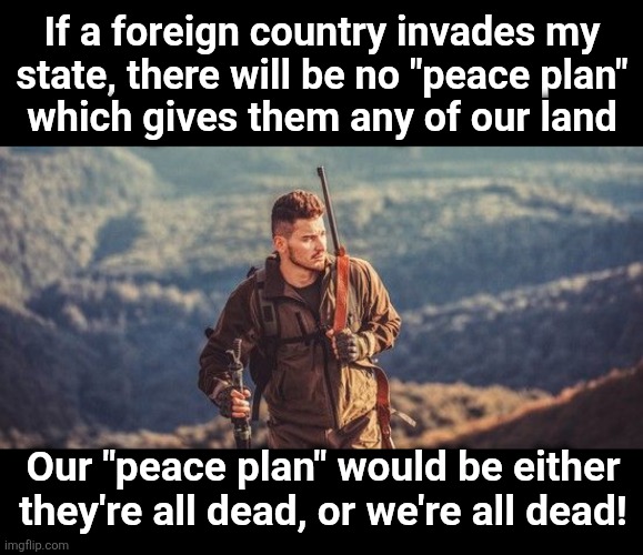 Like it or get stuffed: my thinking on "peace plans" which give land to invading countries | If a foreign country invades my
state, there will be no "peace plan"
which gives them any of our land; Our "peace plan" would be either they're all dead, or we're all dead! | image tagged in memes,peace plan,invasion | made w/ Imgflip meme maker